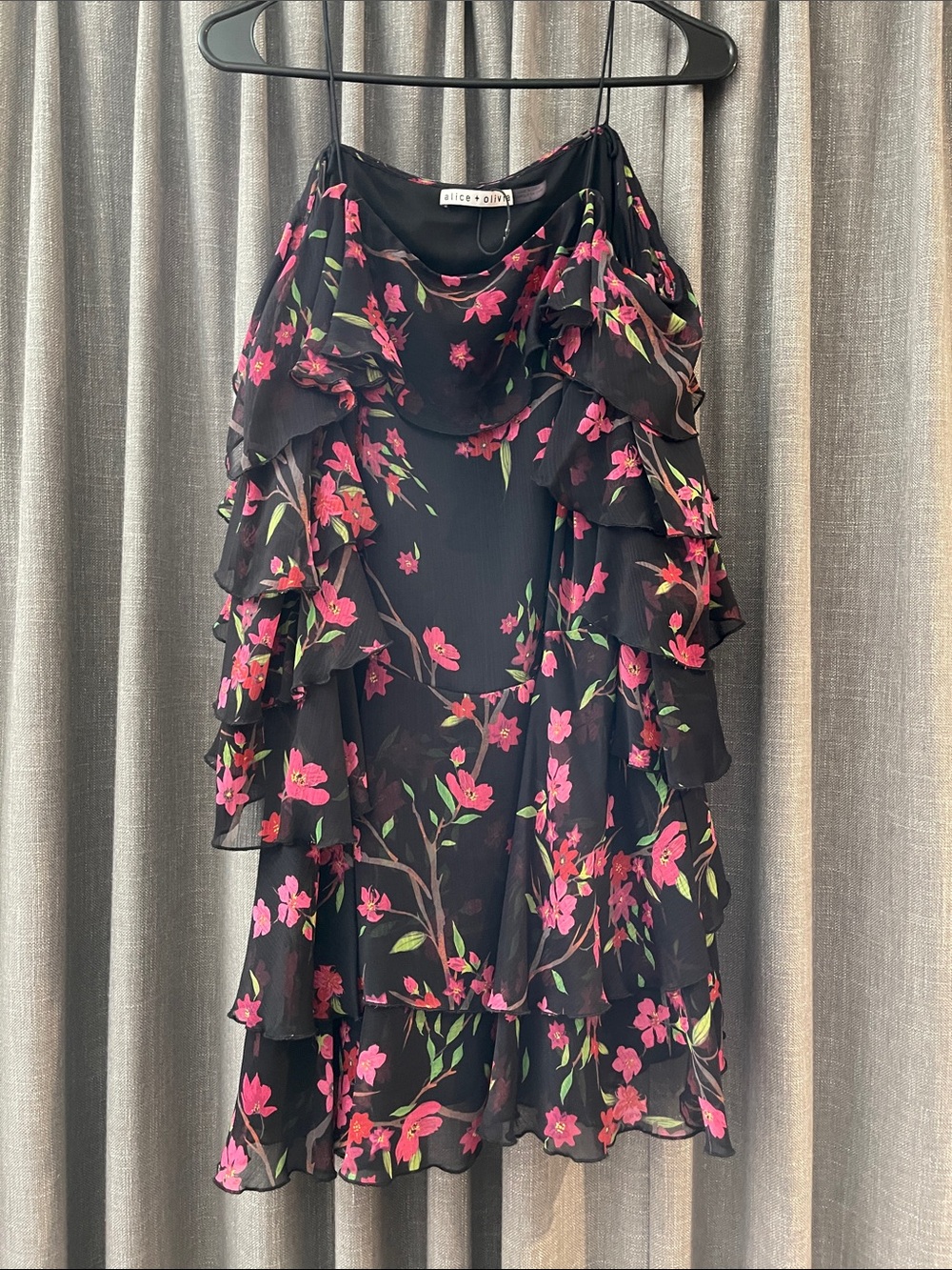 Alice + Olivia Black Dress with Pink Floral Ruffles